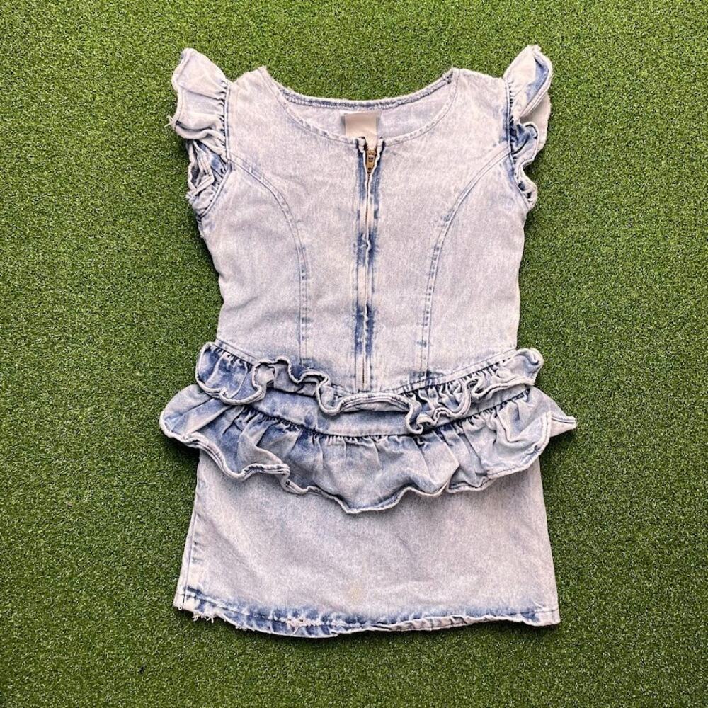 Vintage 90s Y2K Mckids Acid Wash Denim Girls Ruffle Detail Dress Sz 5